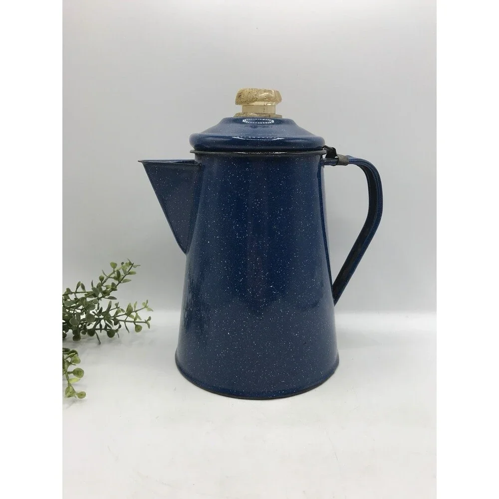 Vtg Blue & White Speckled Enamel 8 Cup Coffee Pot Percolator Has Damage